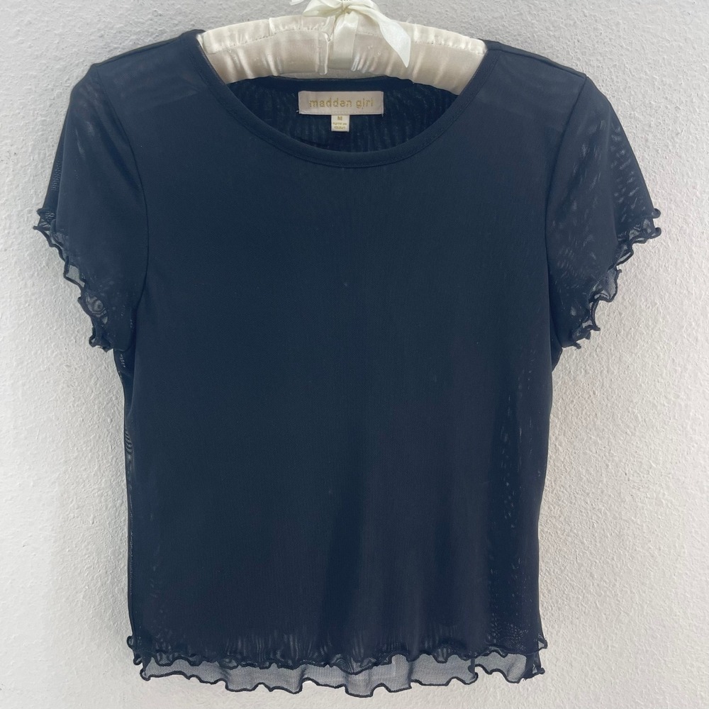 Madden Girl Mesh‎ Top Women S Black Lettuce Edge Sheer Babydoll Tee Grunge